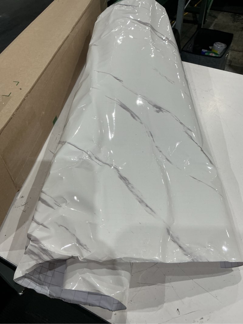 Condition photo showing As Is for totio white marble peel stick self-adhesive wallpaper, 16" x 197", 21.5 sq ft, waterproof, stain-resistant, multi-purpose