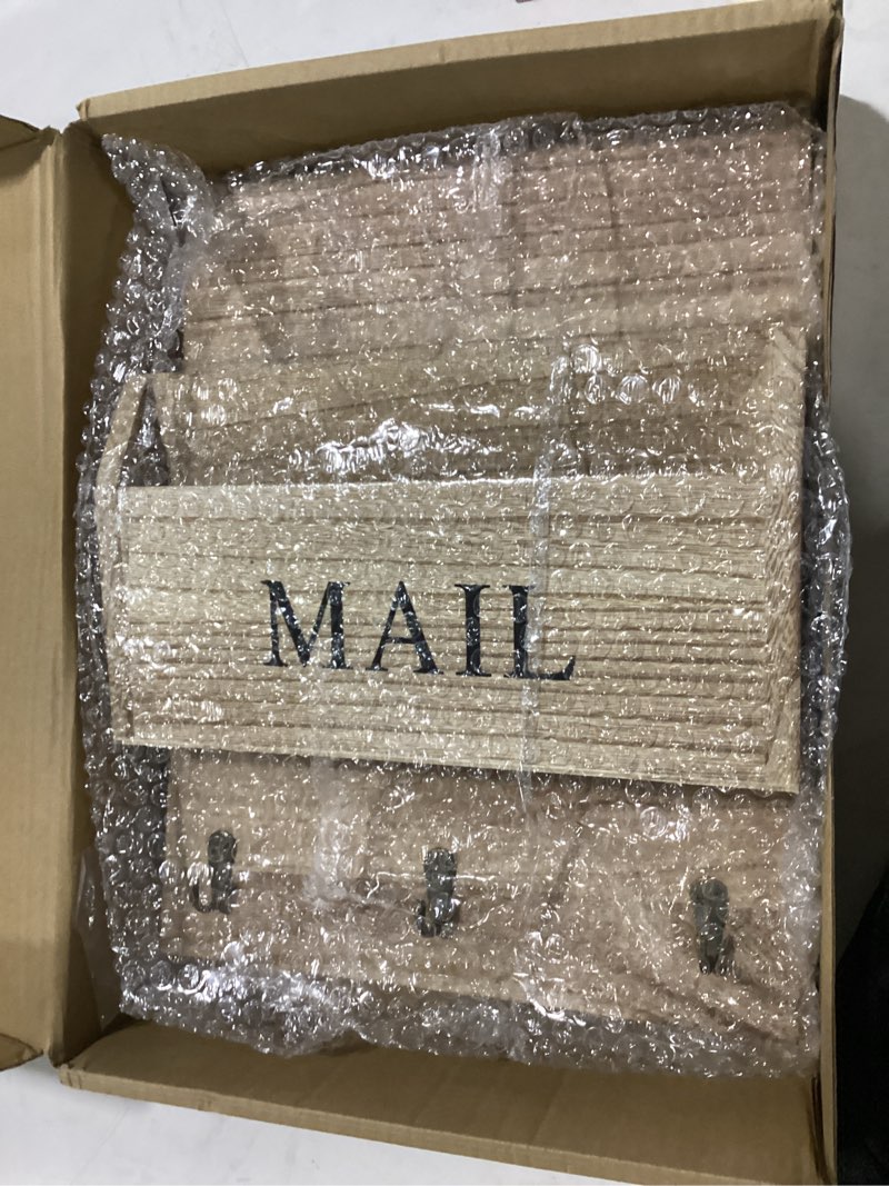 Condition photo showing New/Like New for Rustic Wood Mail Organizer with Key Holder - Wall Mounted Vintage Mail Sorter & Entryway Organizer (3 hooks)