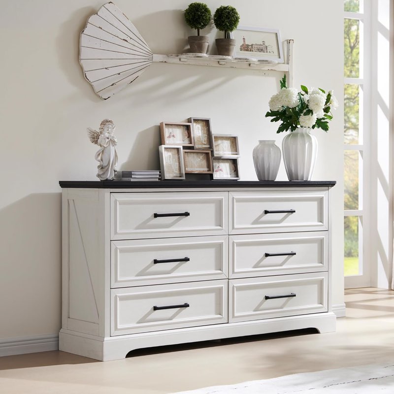 Ursula 52"W Farmhouse 6 Wide Drawer Dresser, Bedroom Chest of Drawers With Anti-Tip Design