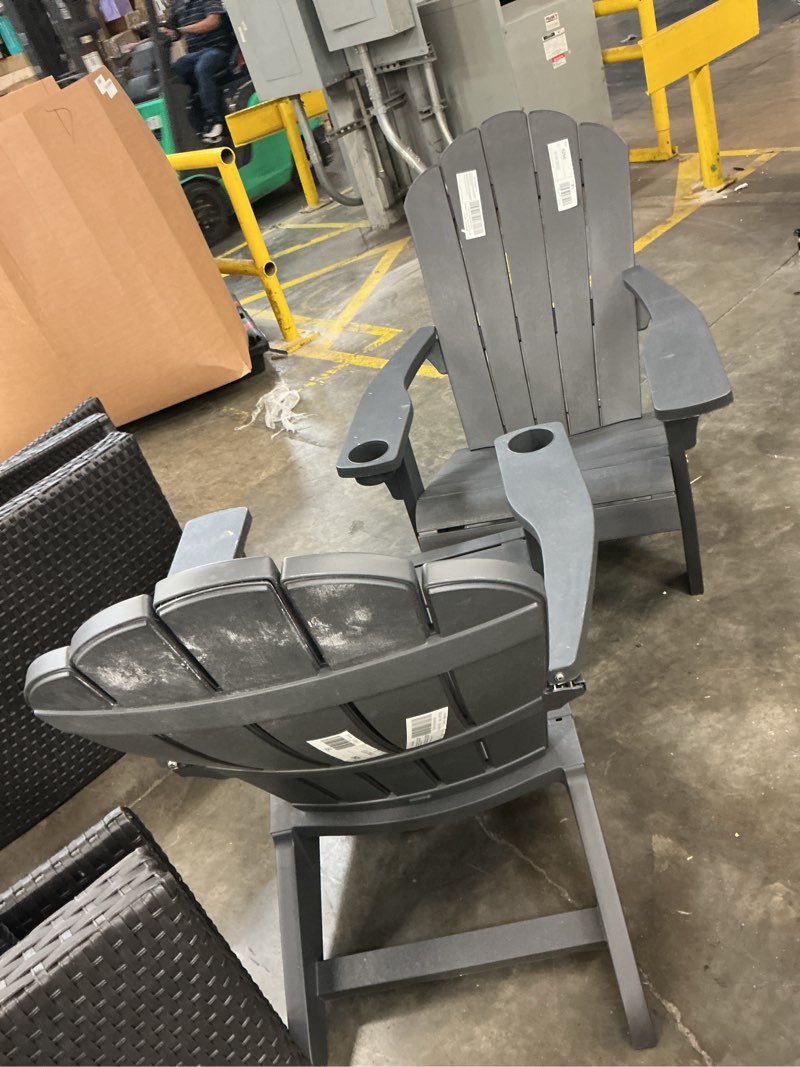 Condition photo showing As Is for outdoor patio garden deck furniture resin adirondack chair with built-in cup holder (grey)