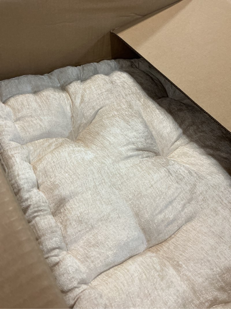 Condition photo showing Good Condition for intelligent design large floor pillow for adults yoga or meditation cushion with handle, floor cushion for board games, lustrous chenille tufted, handsewn scalloped edge, azza, 24" x 24" x 5" ivory