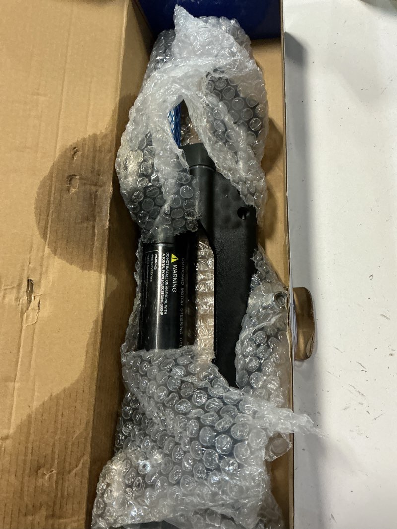 Condition photo showing As Is for 150hp hydraulic outboard steering kit with front mount hc4645h cylinder, fits for yamaha single outboard up to 150hp, marine boat hydraulic steering system with two-way lock valve and orb fittings