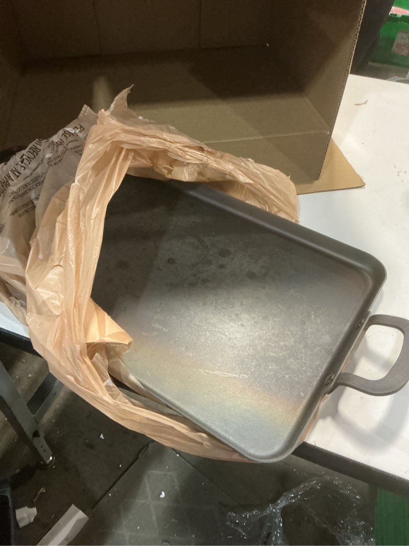 Condition photo showing As Is for GreenPan x Bobby Flay 18" x 11" Carbon Steel Double Burner Pan, Pre-Seasoned Ready to Use, Induction Compatible, High Heat & Oven Safe Durable Cookware, Cast Iron Alternative Black 18" x 11" Double Burner Griddle