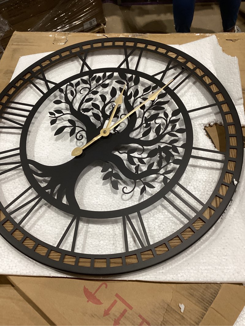 Condition photo showing As Is for micasso farmhouse large wall clock: 24inch rustic tree of life metal with wood frame - vintage battery operated wall clocks for living room/office/bedroom - home decor for fashion-conscious