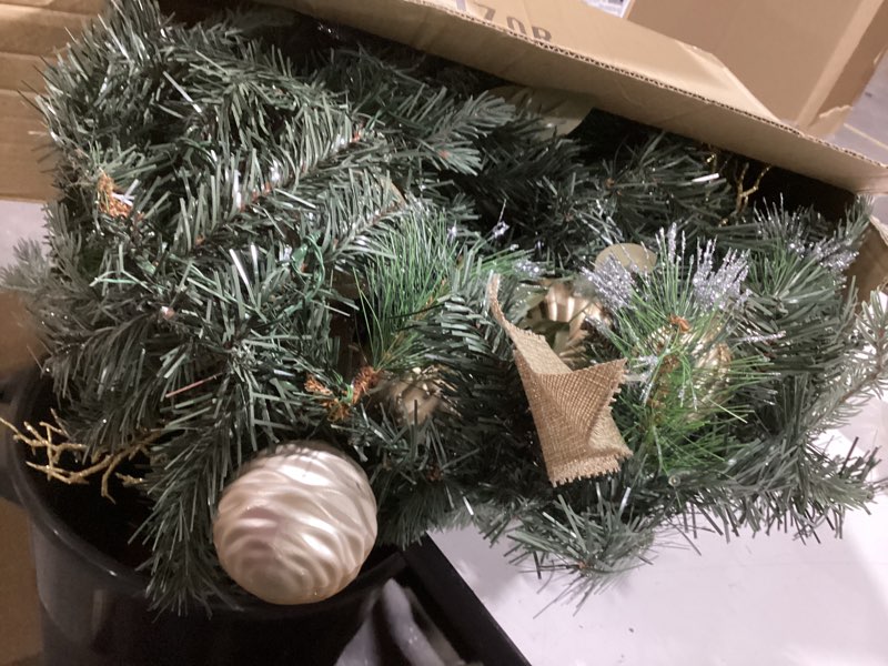 Condition photo showing As Is for 9ft Pre Lit Garland Christmas Gold Christmas Garland with Lights, Prelit Christmas Garland with Gold for Table Fireplace Stairs Railing Indoor Outdoor Xmas Holiday Garland Battery Operated