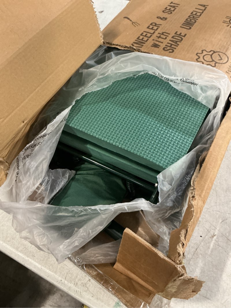 Condition photo showing Good Condition for  2-in-1 garden kneeler with umbrella, garden kneeling bench & green umbrella, portable garden stool loads capacity 330lb and garden tools bag with bottle holder, gardening gifts for women,men,seniors