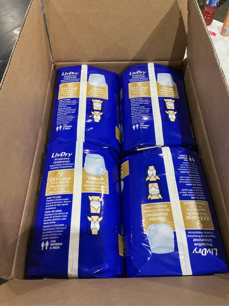 Condition photo showing New/Like New for livdry ultimate 3xl adult incontinence underwear, max absorbant diapers for women and men, xxxl 72” -92" waist, leak proof cuff, xxx-large, 36 count xxx-large (36 count)