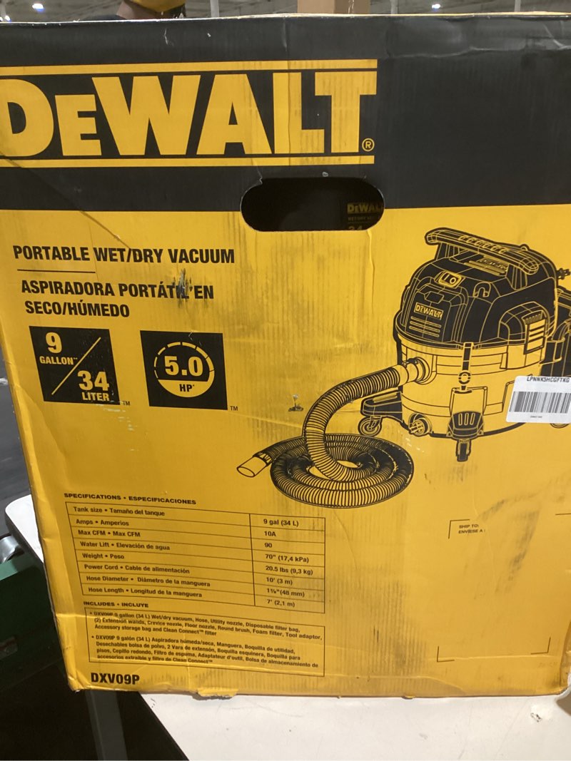 Condition photo showing Good Condition for DEWALT Wet and Dry Vacuum 9 Gallon Poly Wet/Dry Vac Yellow Shop Vacuum 5 HP Strong Suction for Jobsite, Workshop 3 in 1 Multi Functions Model: DXV09P