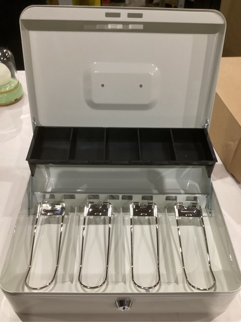 Condition photo showing As Is for Sumerfnt Cash Box with Lock and Money Tray Money Box for Cash, Metal Lock Box for Money Cash Register - 11.8" x 9.4" x 3.54" White