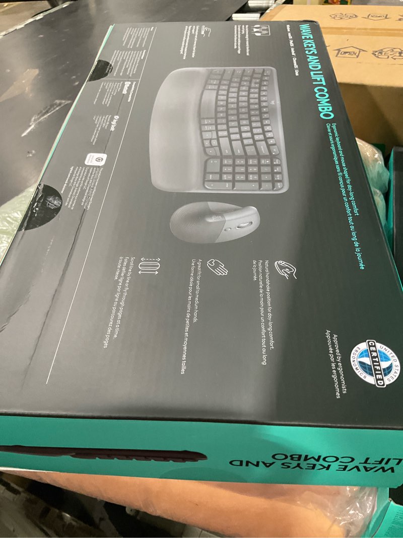 Condition photo showing New/Like New for logitech wave keys & lift vertical mouse - ergonomic wireless keyboard and mouse combo - with cushioned palm rest, easy-switch, bluetooth, for multi-os, windows/mac - graphite graphite right-handed combo