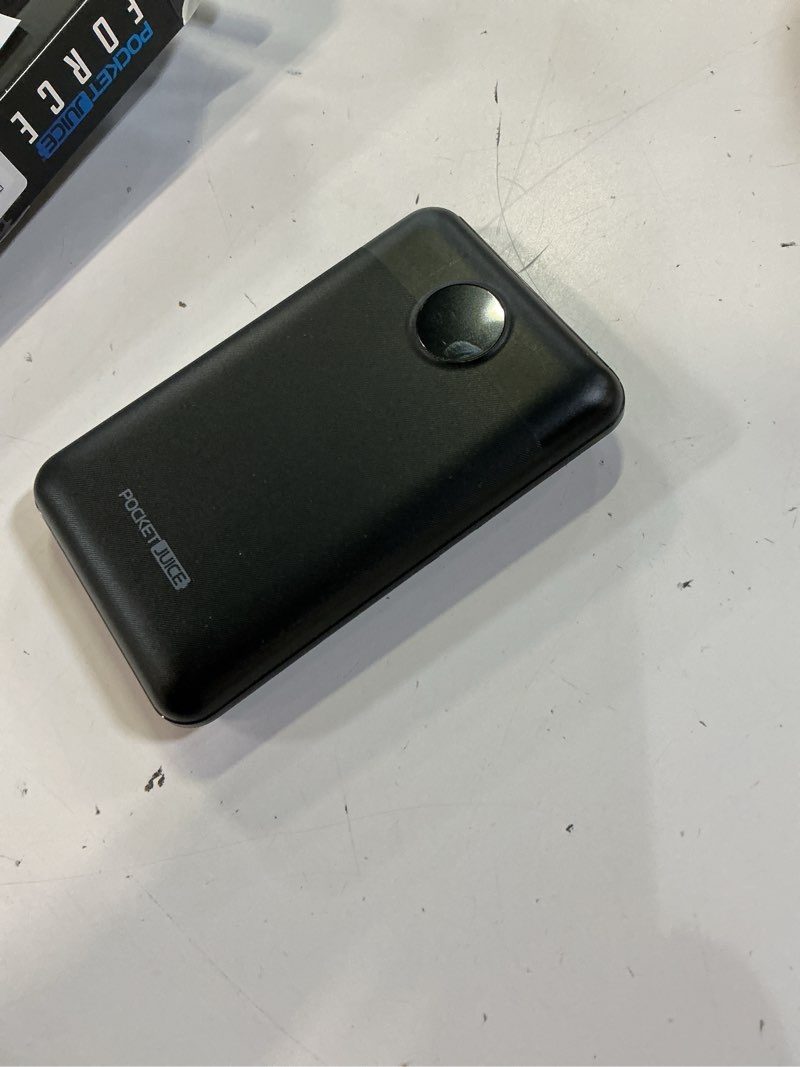 Condition photo showing As Is for pocket juice force 10 000mah portable charger power bank – slim portable phone charger with built-in usb-c & lightning cables