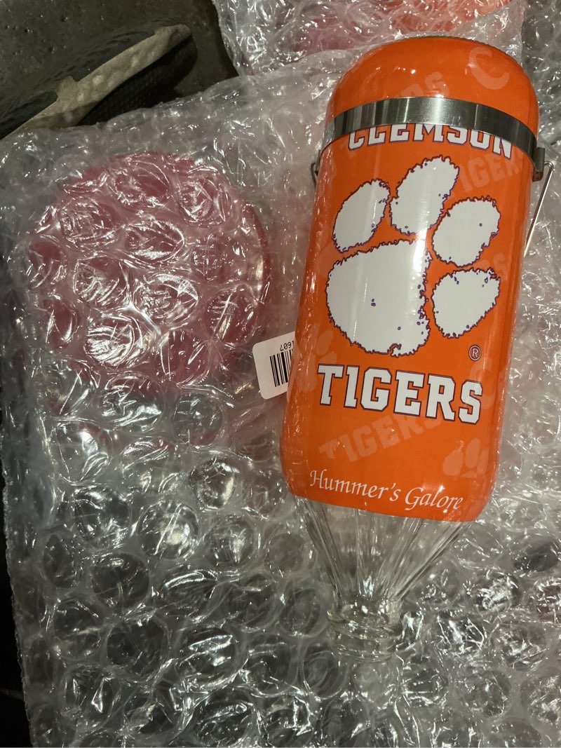 Condition photo showing New/Like New for Hummers Galore – Hanging Glass Hummingbird Feeder  NCAA Clemson University Tigers Design  for Outdoors  Backyard  Patio  and Garden  8 Feeding Stations  Red Base & Perch  32 Oz