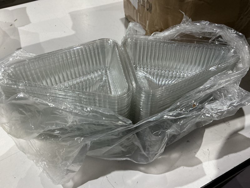 Condition photo showing As Is for 200 pcs cake slice containers 5 inch - clear plastic individual pie slice container, hinged lid cheesecake take out container, clamshell packaging box with lid for sandwiches, pies, dessert