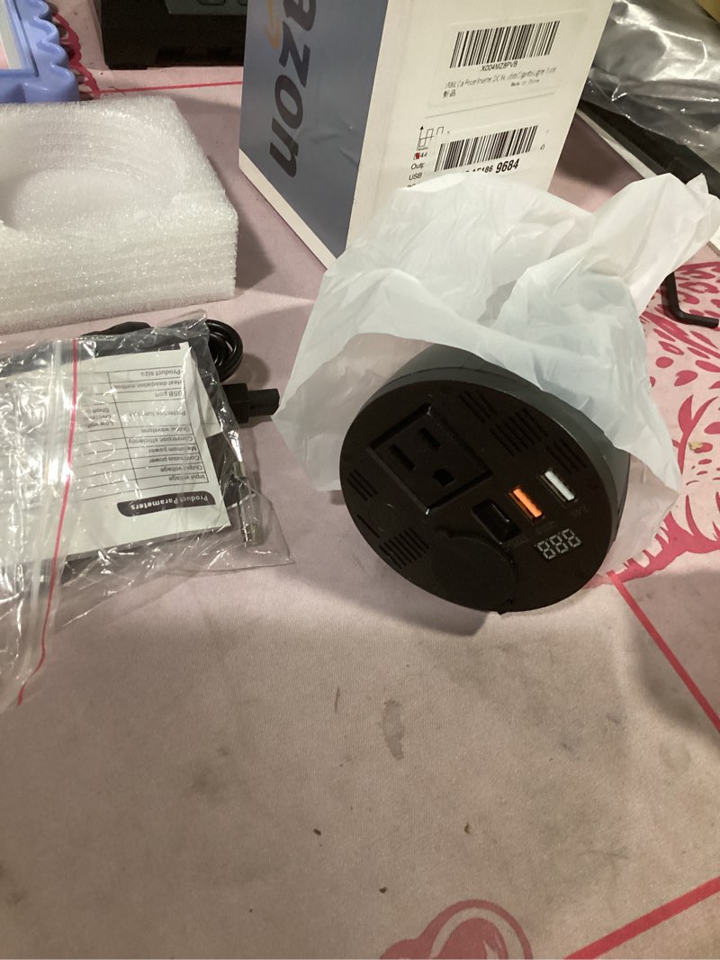 Condition photo showing Good Condition for 150w car power inverter, dc 14v to ac 110v for tesla & 12v vehicles, cup holder design car charger with type c led display screen dual usb quick charge 3.0 and ac outlets cigarette lighter outlet