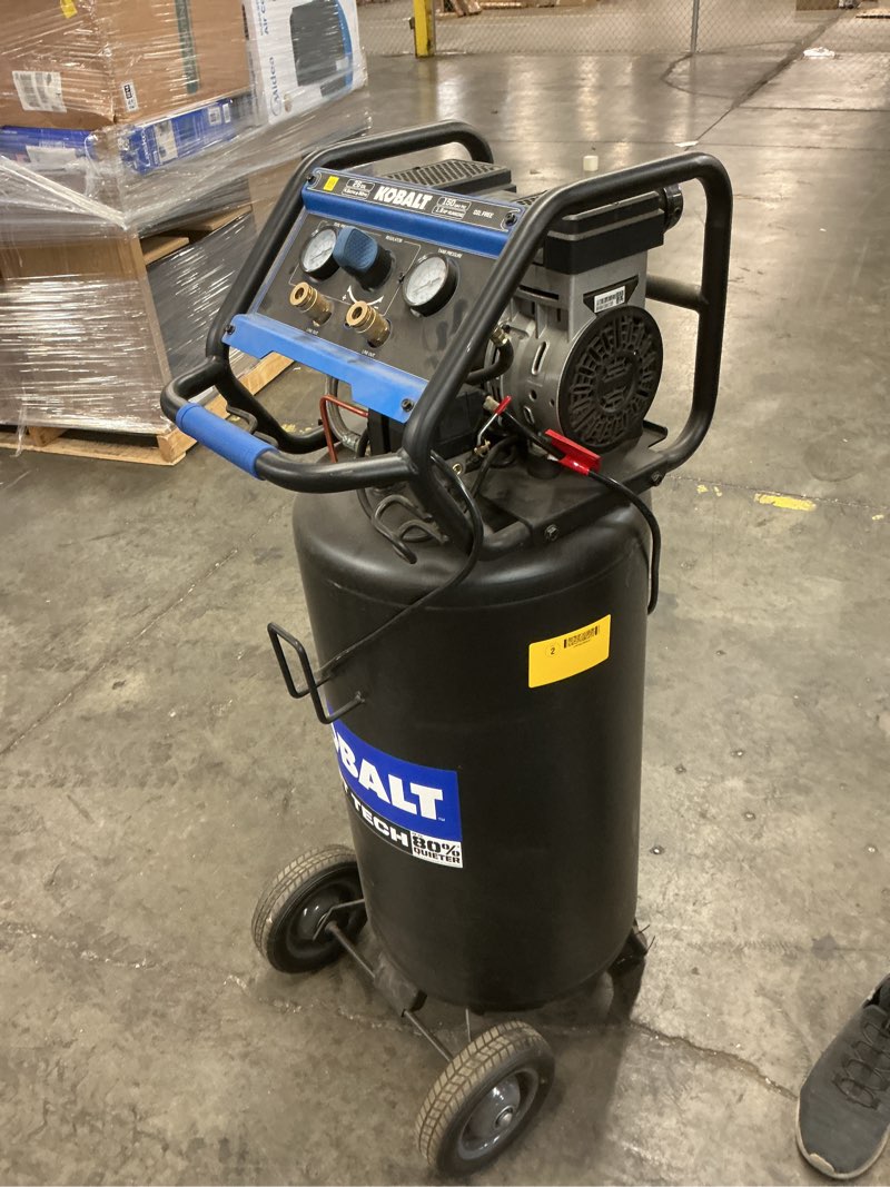 Condition photo showing As Is for 78405217648 kobalt quiet tech 26-gallon portable electric 150 psi vertical air compressor