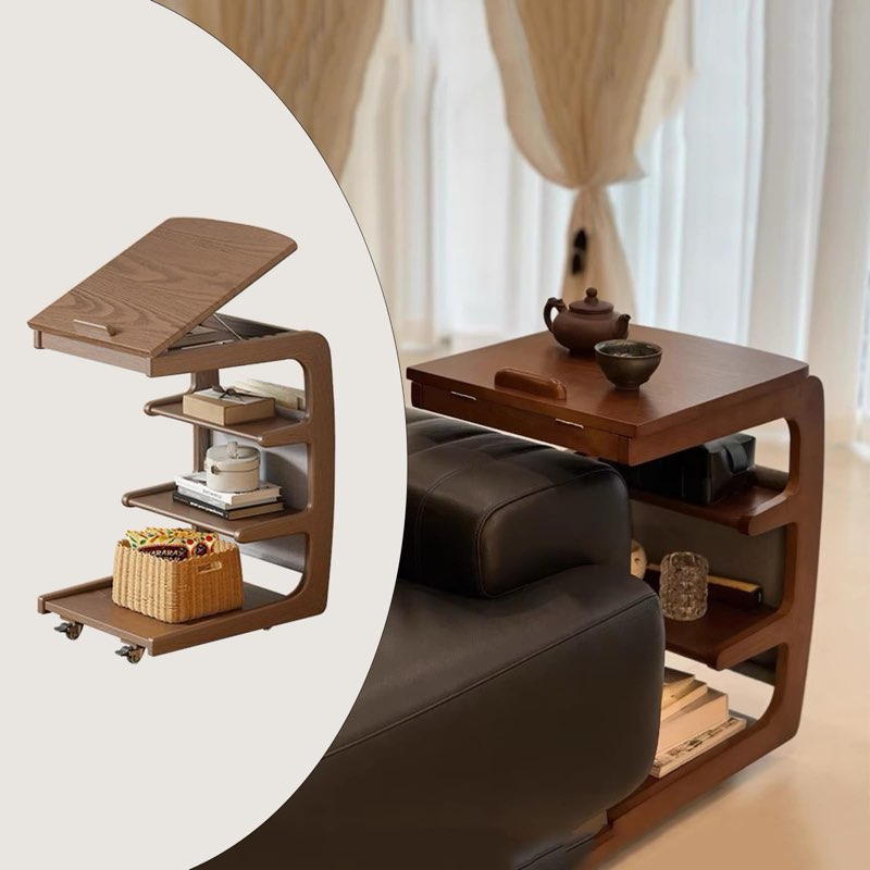 ZELLOXY Wood C-Shaped End Table, Mobile Couch Side Table with Adjustable Tilting Top, Laptop Side Ta