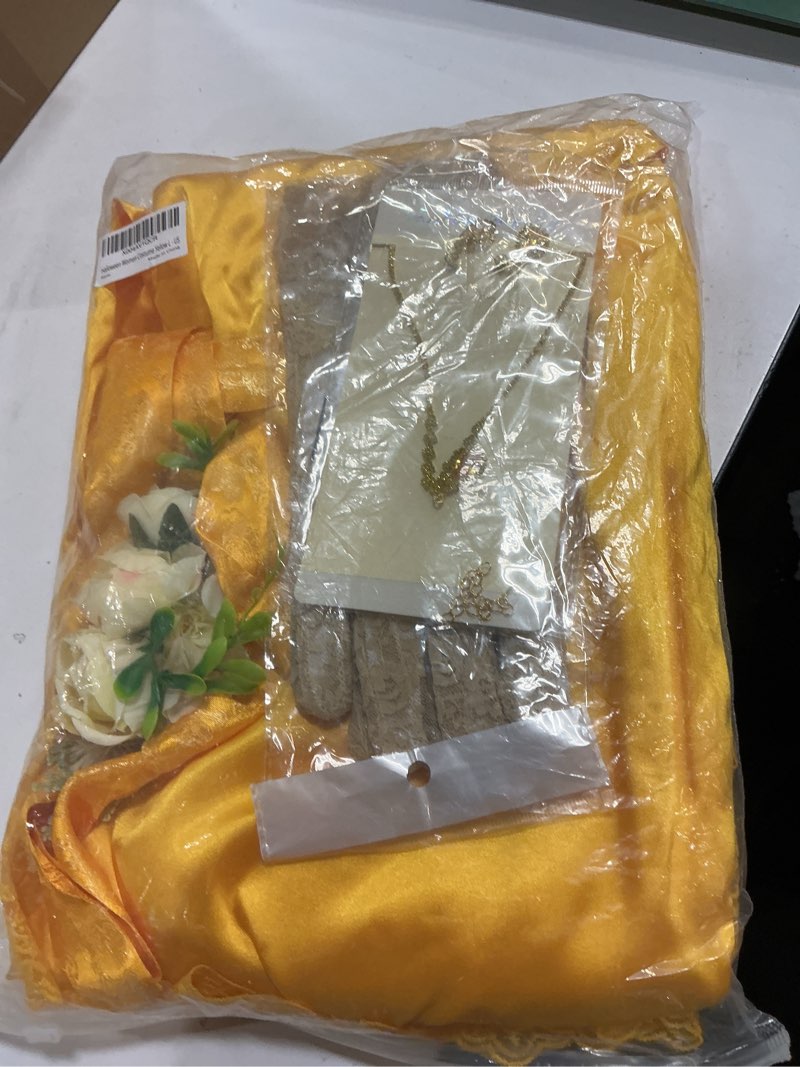 Condition photo showing New/Like New for KatchOn, Regency Dress for Women with Jewelry Set - Puff Sleeve Empire Waist Dress Gown | Yellow Victorian Dress with Gloves X-Large