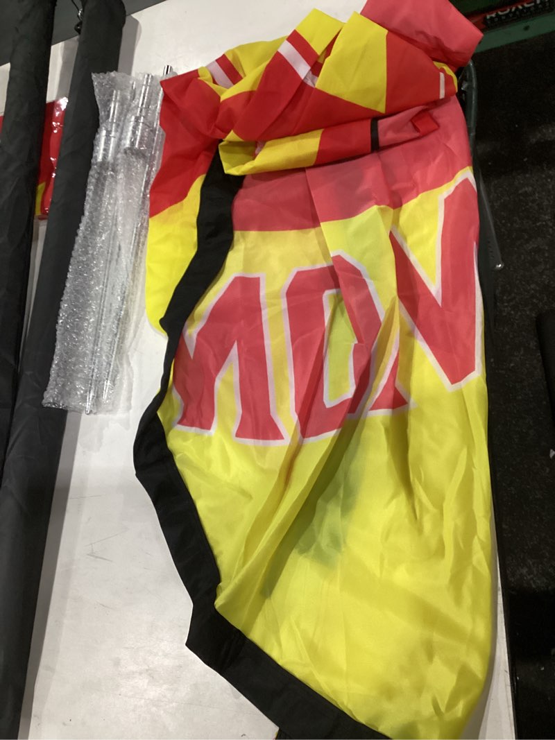 Condition photo showing Good Condition for 2 sets of now open feather flags complete kit with poles and ground spikes 12 ft red and yellow feather flag banner open flags for businesses store advertisement outside signs