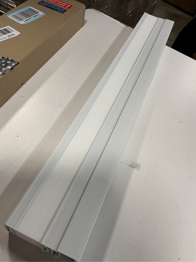 Condition photo showing As Is for 26" white cordless light filtering window blinds, horizontal vinyl mini blinds/shades, 1" slats, easy install white 26"w x 64"h