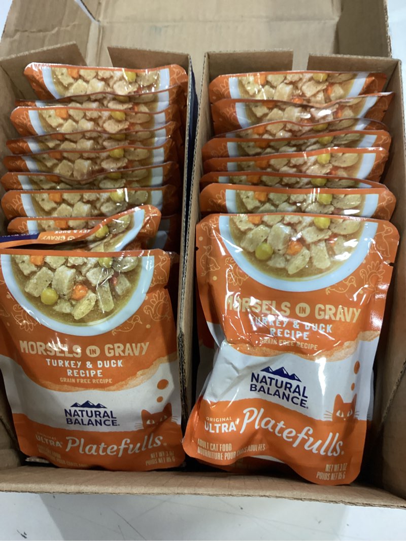 Condition photo showing New/Like New for (bbd 12/28/2027)natural balance original ultra platefulls indoor adult grain free wet cat food, turkey & duck recipe, 3 ounce pouch (pack of 24) turkey & duck 3 ounce (pack of 24)