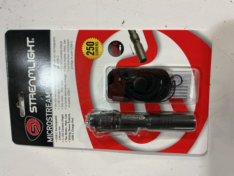 Condition photo showing New/Like New for streamlight 66601 microstream usb 250-lumen 1150-candela edc ultra-compact flashlight with rechargeable battery, clear retail packaging, black clear retail packaging 3.87" l × 0.61" w × 0.61" h black