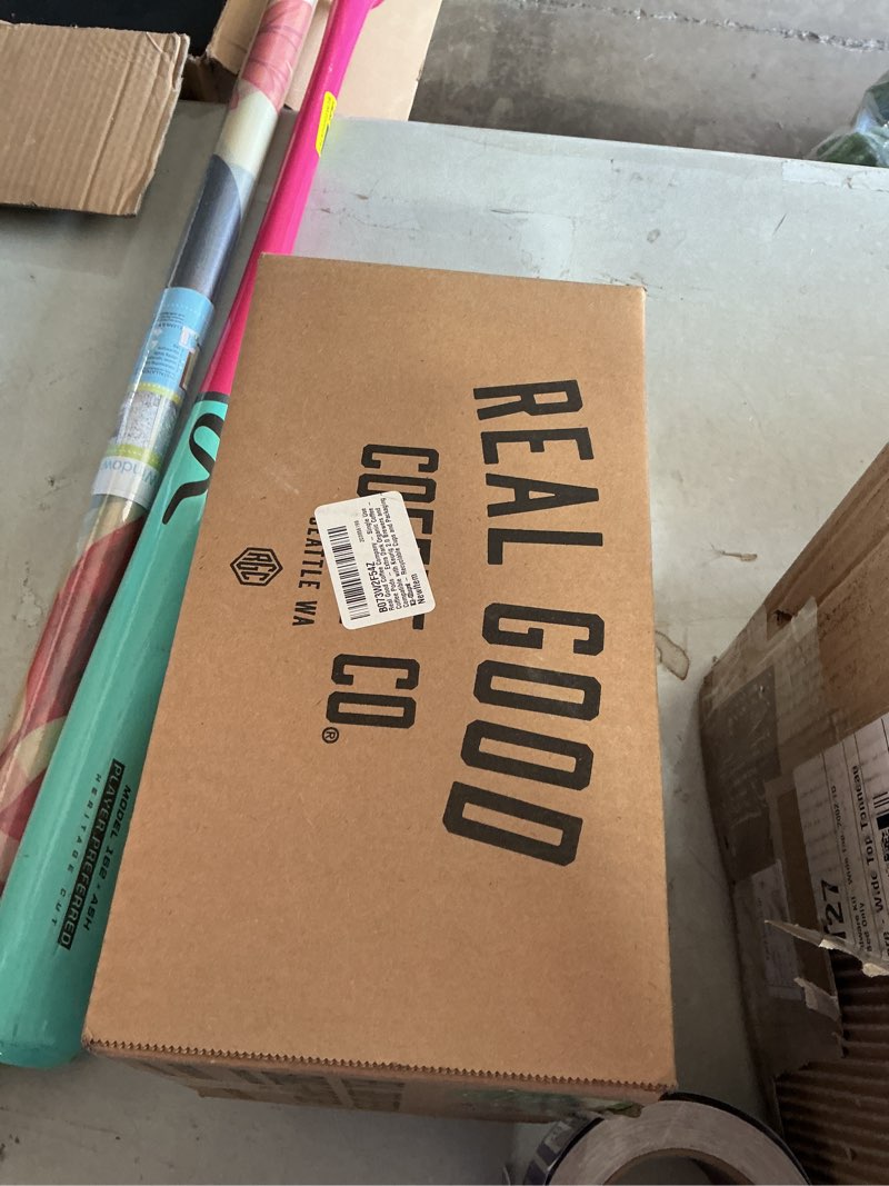 Condition photo showing New/Like New for real good coffee company - single use coffee pods - extra dark organic coffee - compatible with keurig 2.0 brewers and k-cups - recyclable cups and packaging - 72 count