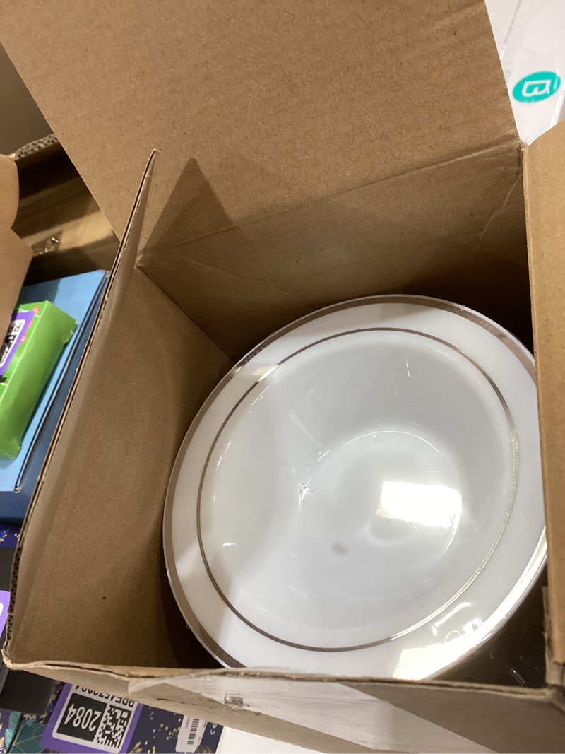 Condition photo showing New/Like New for Jinei 150 Pieces 6 oz Plastic Bowls with Rim Small Disposable Soup Bowls for Dessert Salad Soup Candy Wedding Thanksgiving Catering Holidays Party Supplies (White,Silver Rim) 150 Silver Rim