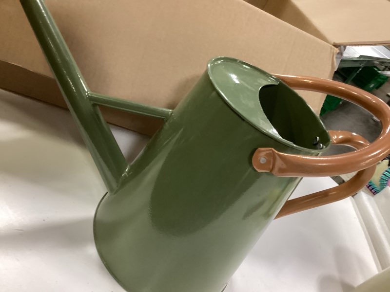 Condition photo showing As Is for Metal Watering Can with Removable Spout, 1.5 Gallon Large Watering Cans for Plants, Galvanized Steel Gardening Water Can for Indoor & Outdoor Use, Watering Pot with Ergonomic Movable Handle Olive Green