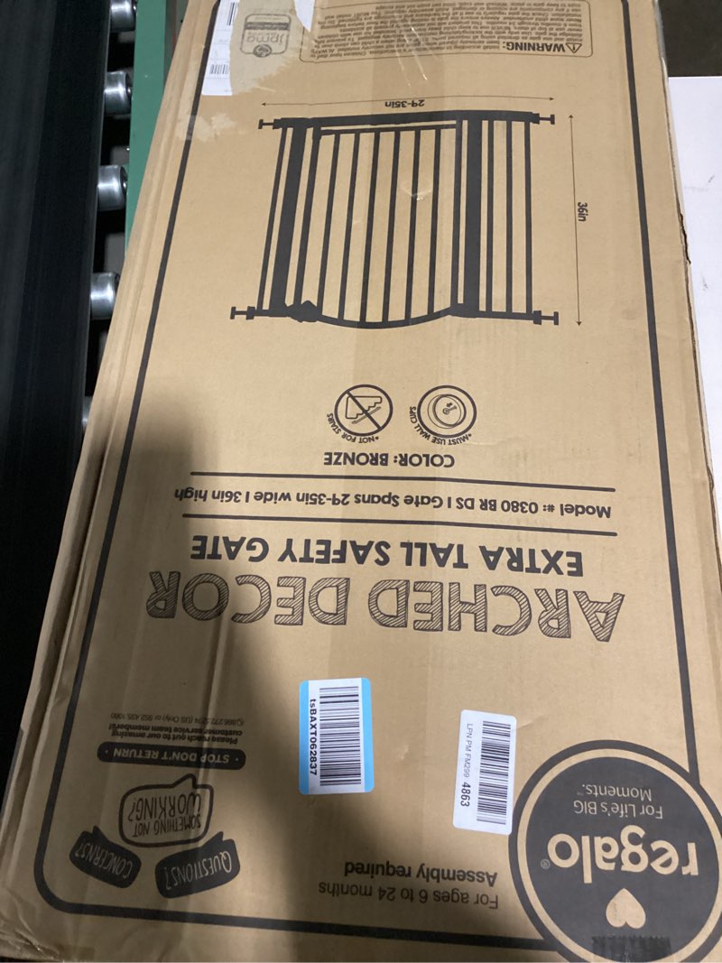 Condition photo showing Good Condition for regalo safety 36" extra tall arch baby gate for doorways & bottom of stairs, pressure mount safety gate with door for babies, toddlers & pets, tested & safe, american designed, family owned black - 30-35"w x 36"h