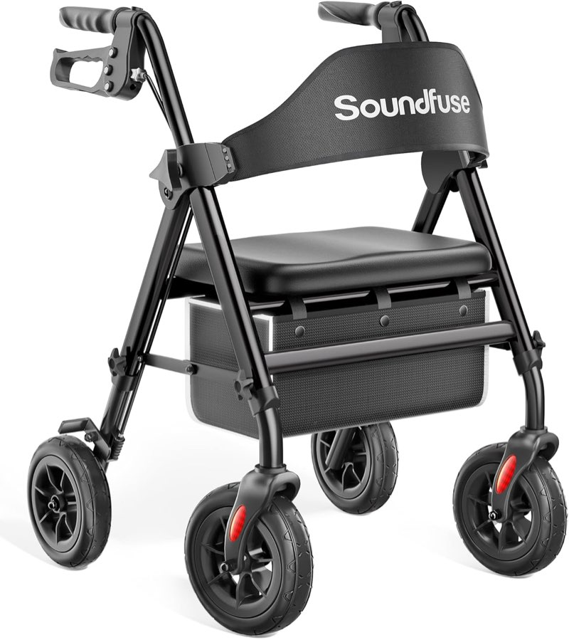 soundfuse rollator walkers for seniors with seat, foldable lightweight rolling walker with 8" big pu wheels, ergonomic seat, dual height adjustment