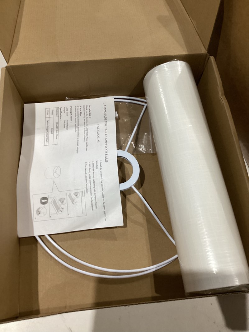 Condition photo showing As Is for White Linen Tall Drum Lampshade, 11" Top x 11" Bottom x 12" High Lamp Shade, Lamp Shade Replacement for Table and Floor Lamps, Pendant Light?Handcrafted Lampshade?Easy Assembly