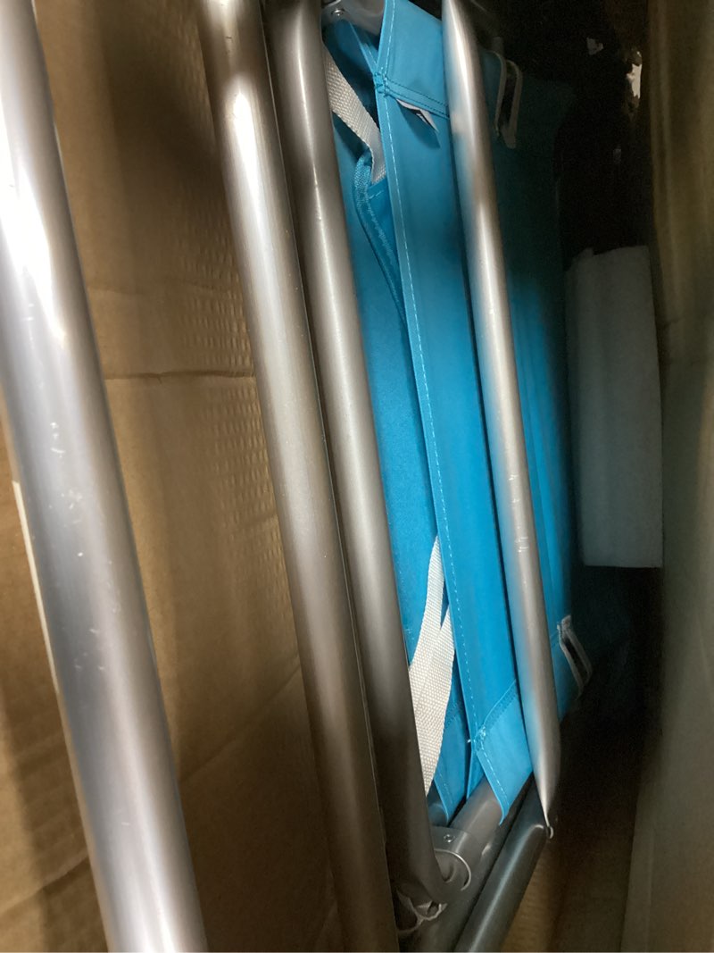 Condition photo showing As Is for rio brands 17" extended height 4-position folding beach, camping, lawn chair, turquoise 1-pack turquoise