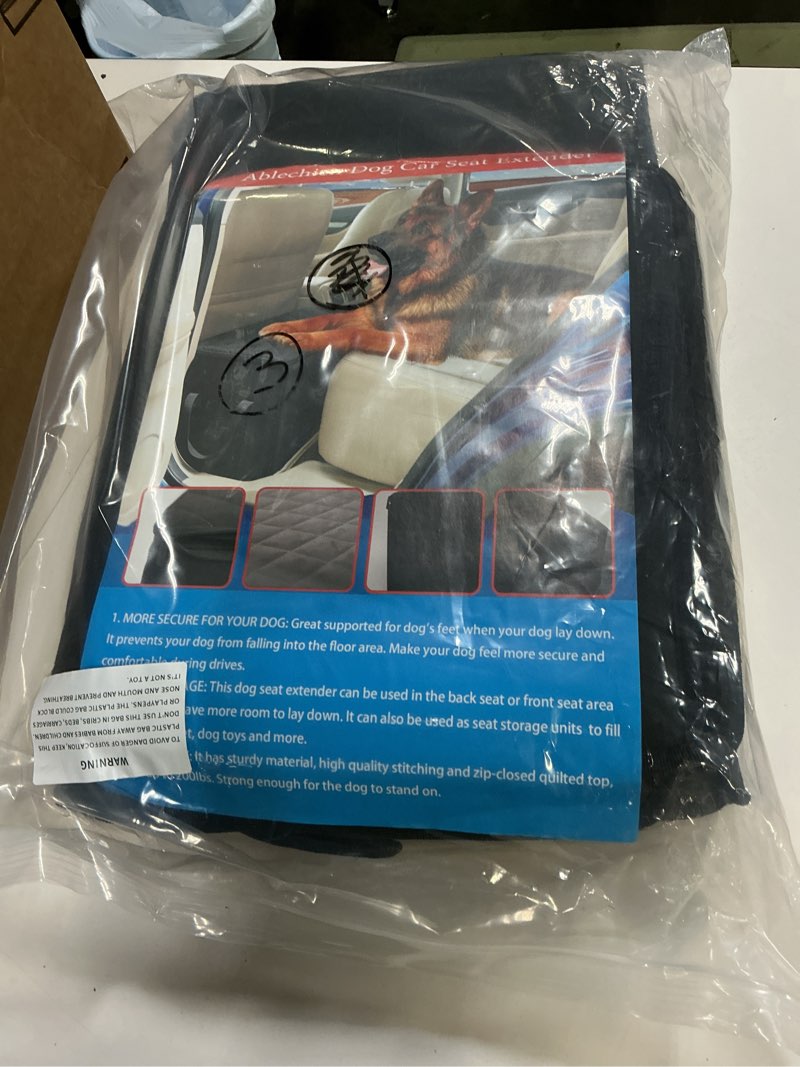 Condition photo showing Good Condition for dog car seat extender with storage, front & back seat extender for dogs, gap seat filler for car, suitable for dogs up to 200lbs (small size: 19.3"x9.85"x13") s: 19.3"l x 9.85"w x 13"h