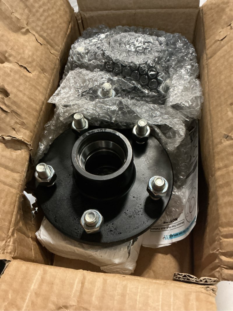 Condition photo showing As Is for 2 sets 5 on 5'' trailer hub kit for 3500 lbs 1-1/16'' to 1-3/8'' tapered axle #84 spindle, replacement 5x5'' hub trailer wheel 5 lug bolt idler hub kit with extra caps & rubber plugs 5x5'' hub kit for 3500 lbs axle - 2sets