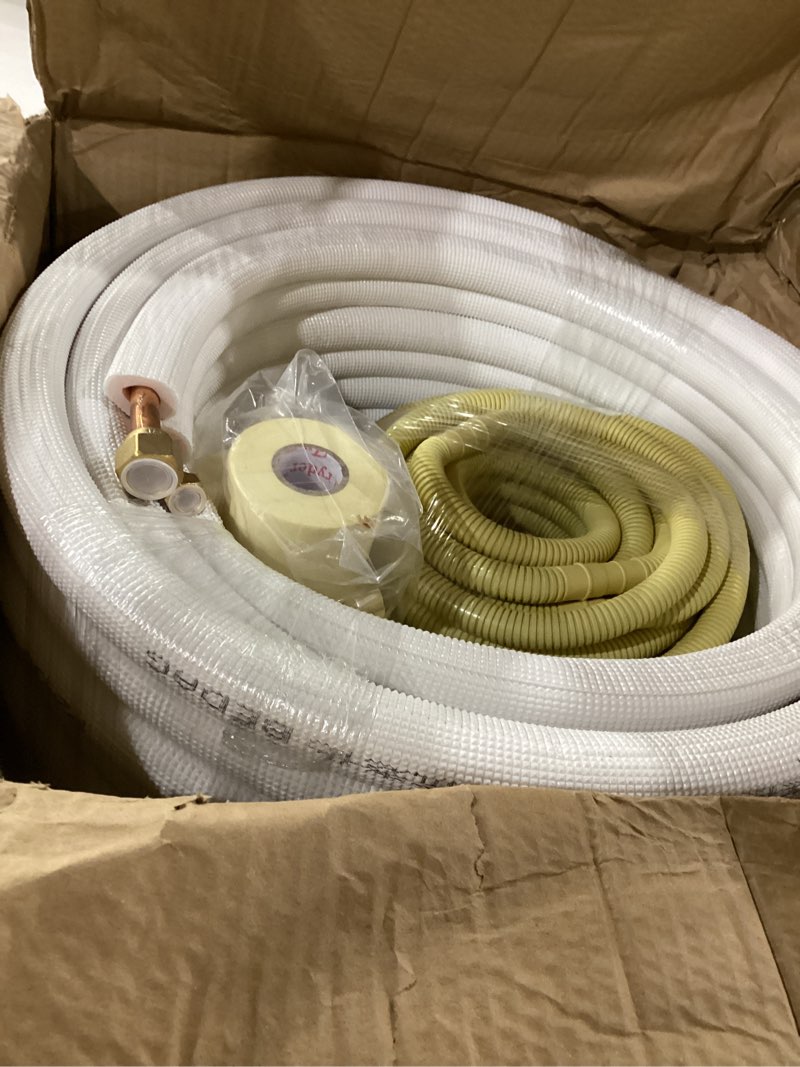 Condition photo showing Good Condition for 50ft length mini split line set,1/4" 1/2" od copper pipes tubing and 3/8 white pe thickened insulated coil with flared nuts for mini split air conditioner hvac or heat pump system. (50ft(1/4+1/2))