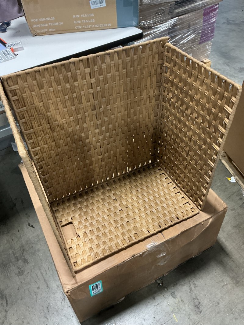 Condition photo showing As Is for ( incomplete) Rattan Weaving Laundry Hamper, Storage Laundry Basket with Removable Liner Bag and Side Pockets, Clothes Divider Sorter with Wheels for Bathroom, Bedroom, Living Room, Laundry Room 60*33*66cm