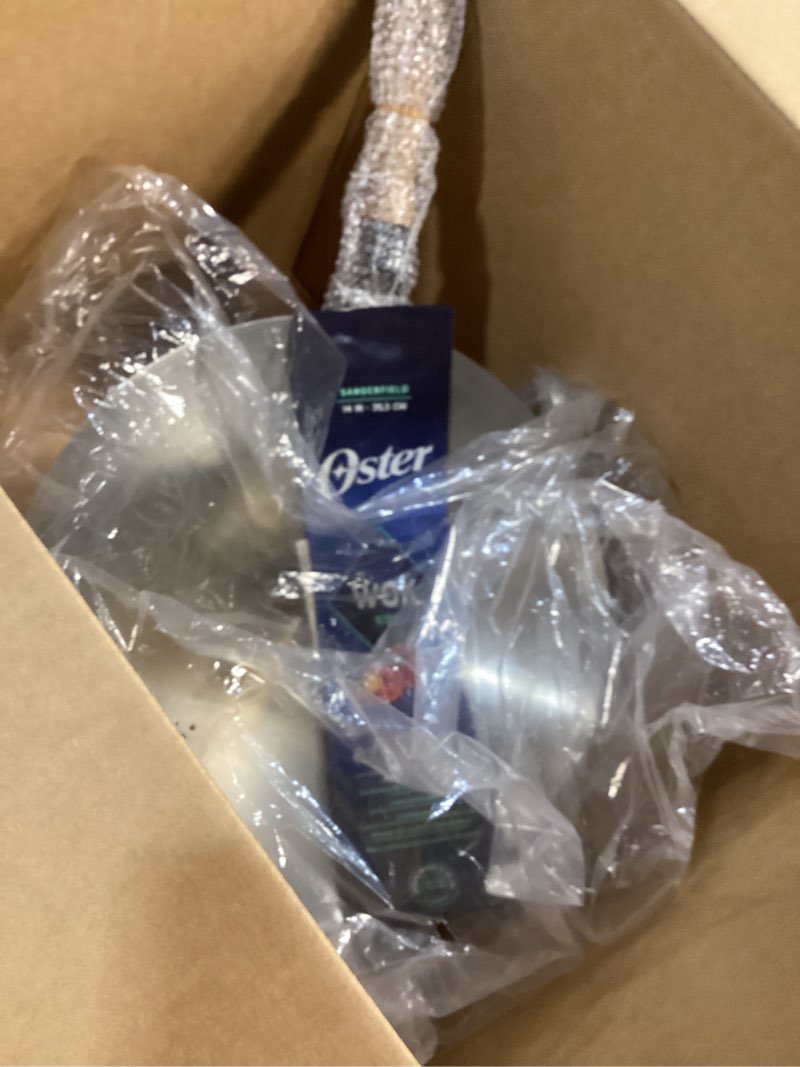 Condition photo showing New/Like New for Oster Sangerfield 14-Inch Stainless Steel Wok With Wood Handles, Durable Non-Stick Stir Fry Pan for Gas and Electric Stovetops 14-Inch Wok Stainless Steel