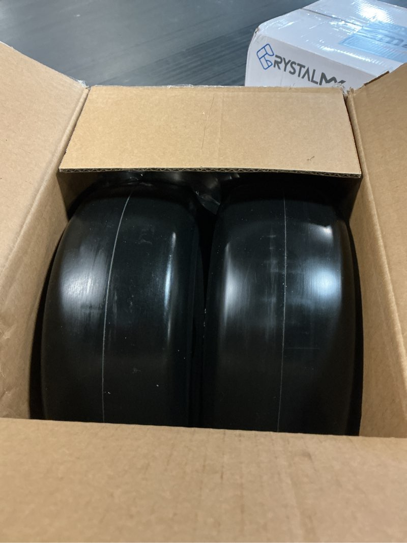 Condition photo showing New/Like New for 11x4.00-5 flat free lawn mower tire, zero turn mower front tires, 11x4-5 solid mower wheel for residential and commercial, 3/4" or 5/8" bushings, 3.4"-4"-4.5-5" centered hub, 2 pack