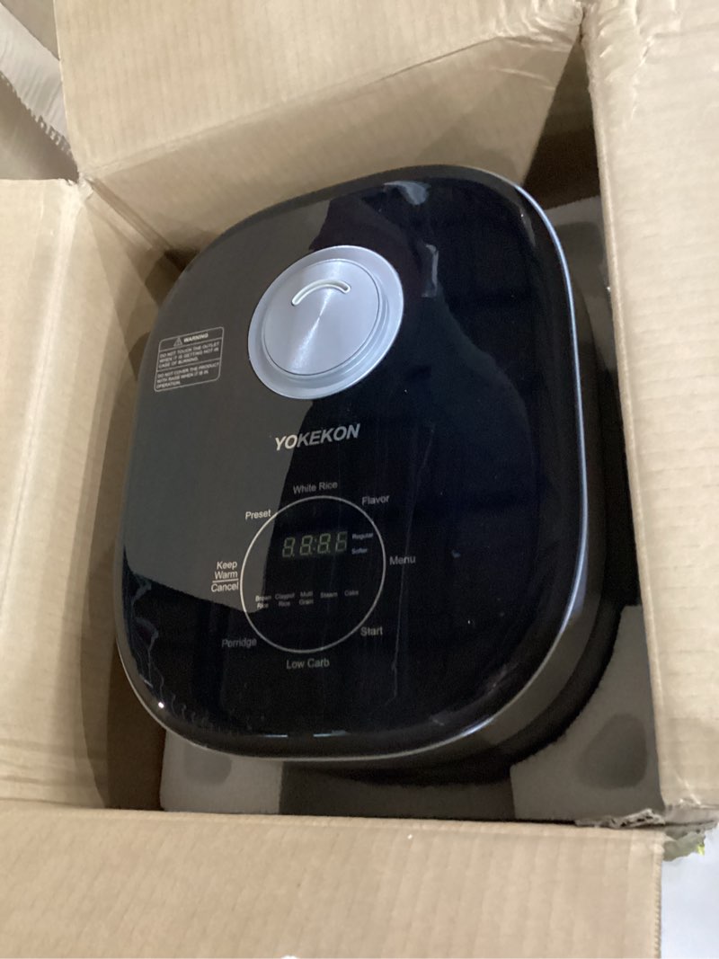 Condition photo showing As Is for NOT TESTED YOKEKON Rice Cooker Stainless Steel Inner Pot PFAS-Free Dishwasher Safe, Low Carb & Low Sugar Large Rice Cookers 8 Cup with Steamer Basket, 24H Delay Timer and Auto Keep Warm Feature,Black