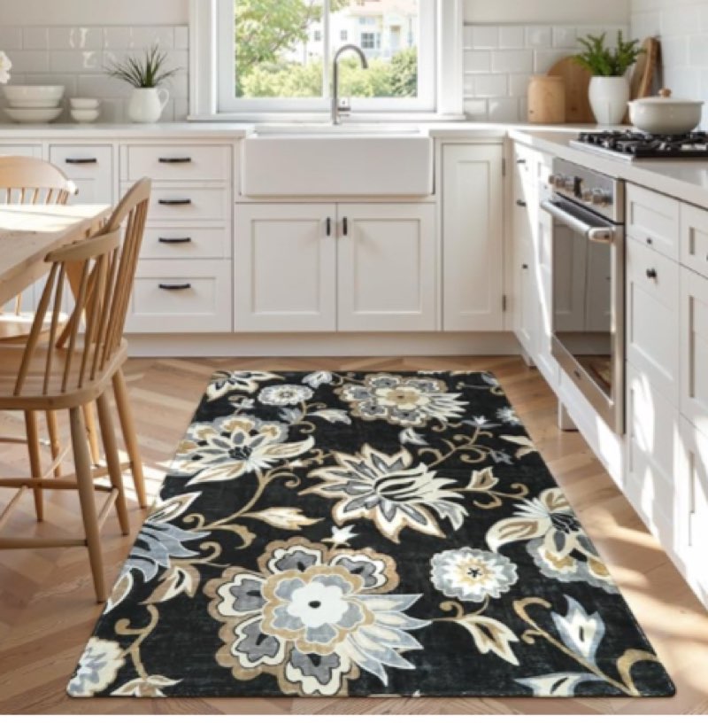 lahome floral washable living room area rug non-slip low-pile rugs for entryway, throw small stain resistant kitchen rugs soft black paisley print carpet for office bedroom laundry room office (unknown size)