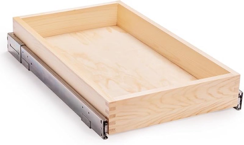 mulush 13 w x 21”d x 3”h soft close slide out wood drawer organizer for kitchen, (cabinet opening width>14.5 inches for bottom assembly, width= 14 inches for side assembly