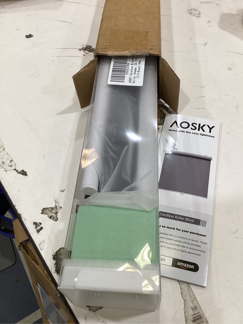 Condition photo showing Good Condition for aosky cordless roller shades blackout blinds for windows room darkening rolled up shades with spring system, uv protection window shades door blinds for home and office (30.5" w x 72" h, black) 30.5"w x 72"h black