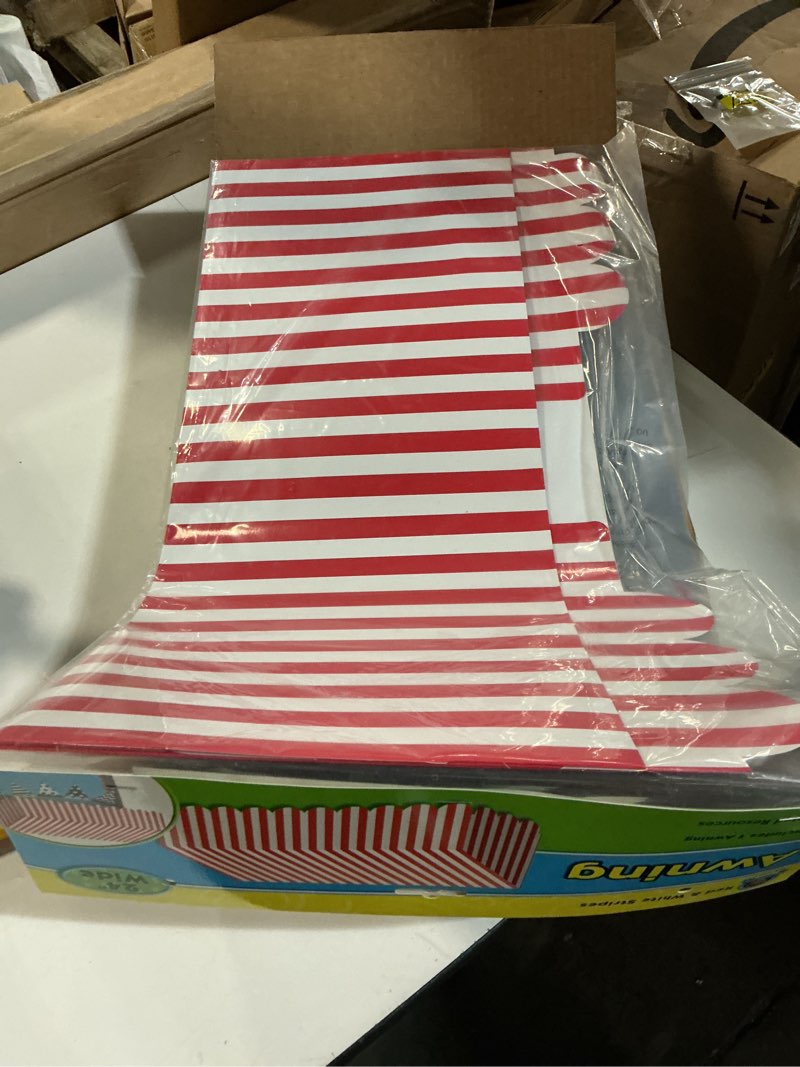 Condition photo showing New/Like New for Teacher Created Resources Red & White Stripes Awning (77165) Red, white 24x12.5 in