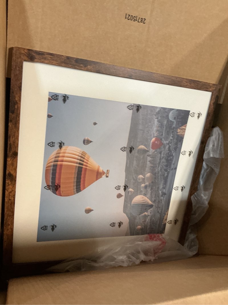 Condition photo showing As Is for Wood 18x18 Picture Frame with 14x14 Mat Deep Brown, Display 14x14 with Mat or 18x18 without Mat, Wood 18 by 18 Photo Frame, 18 x 18 Frame for Wall Hanging Display, Deep Brown 1 18x18 inch