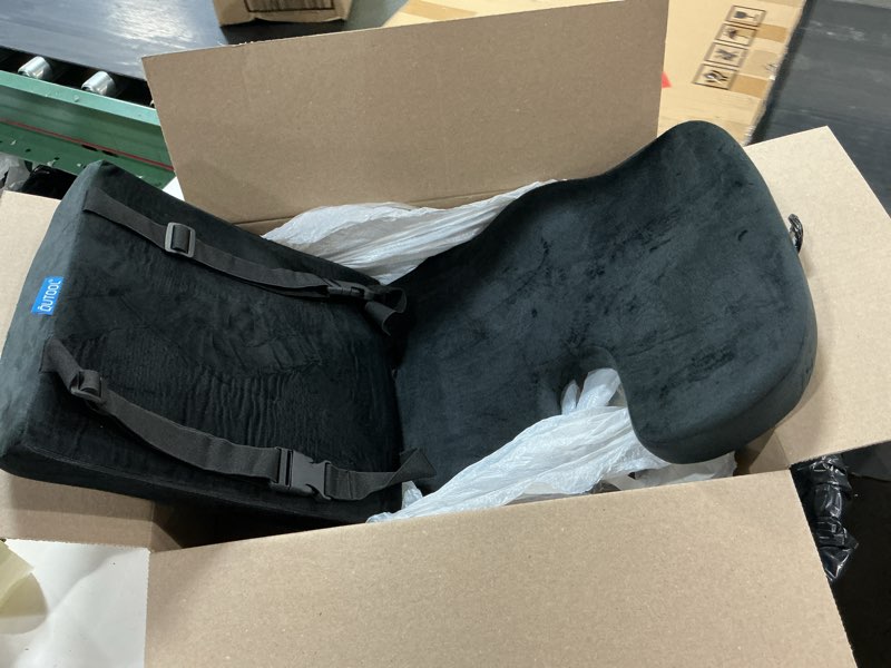 Condition photo showing As Is for qutool seat cushion and lumbar support set for office chair – supports lower back & hips for long sitting comfort, helps maintain a comfortable sitting position, ergonomic memory foam, washable cover black seat cushion & lumbar support pillow