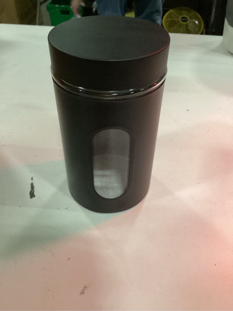 Condition photo showing New/Like New for patelai 6 pack kitchen canisters set airtight stainless steel canister food storage container with window glass, coffee sugar candy jars tea organizer for flour cookies spice (black,32 oz) black 32 oz