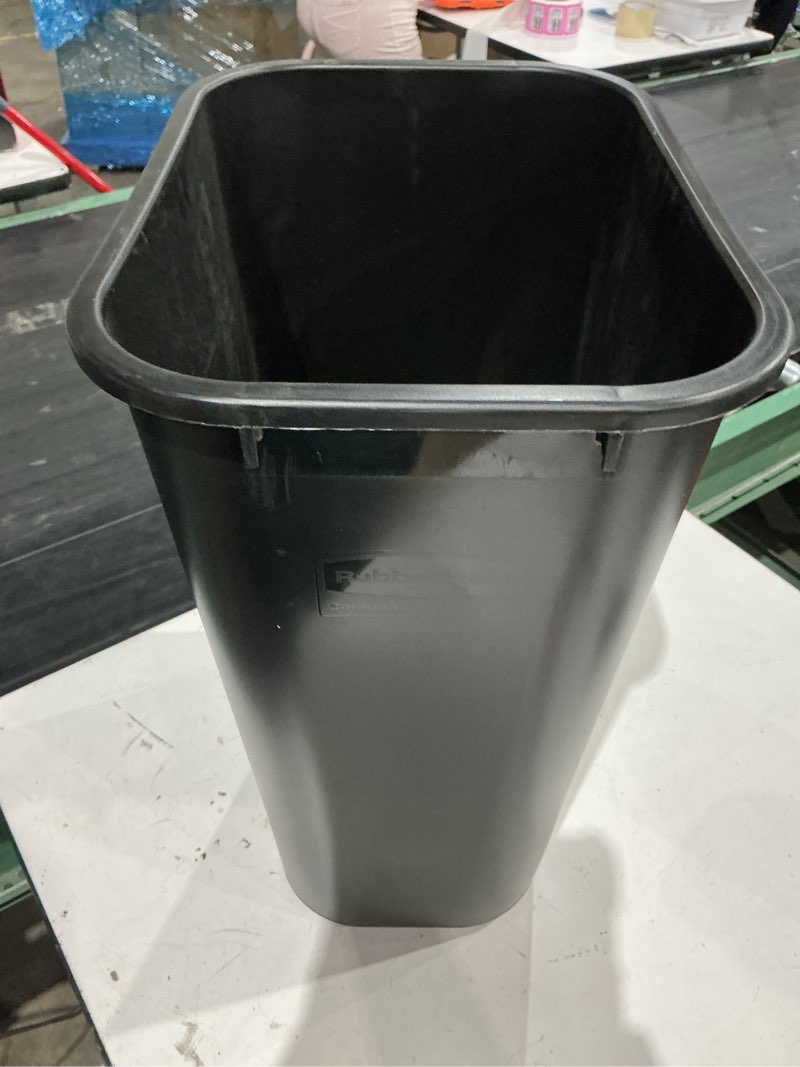 Condition photo showing Good Condition for rubbermaid commercial wastebasket trash container, 41qt/10.25 gal, plastic, black, stackable trash can for bedroom/bathroom/office, fits under desk/sink/cabinet