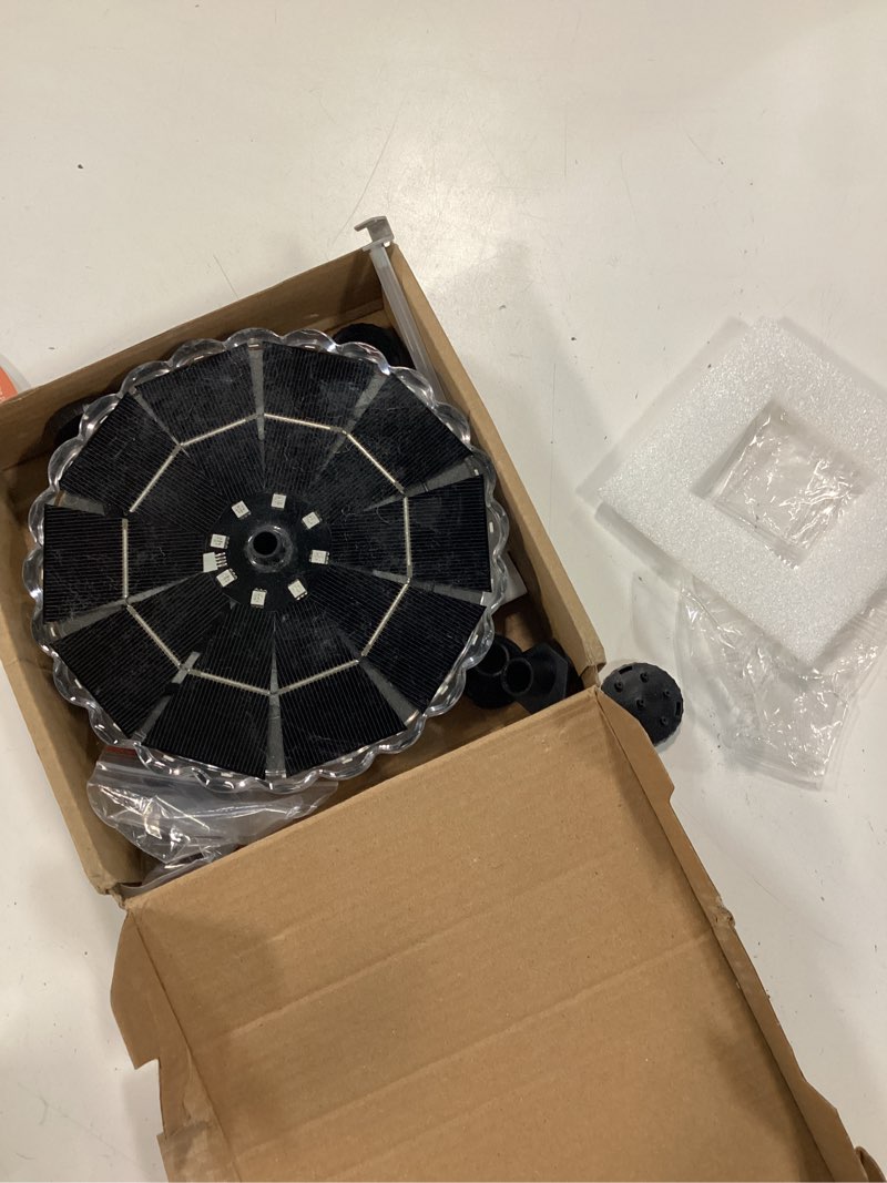 Condition photo showing As Is for szmp 3.5w solar fountain for bird bath with 2000mah battery & 3d color changing led light, anti-drift fixer & 8 nozzles, solar powered water fountain kit for garden, patio, pond