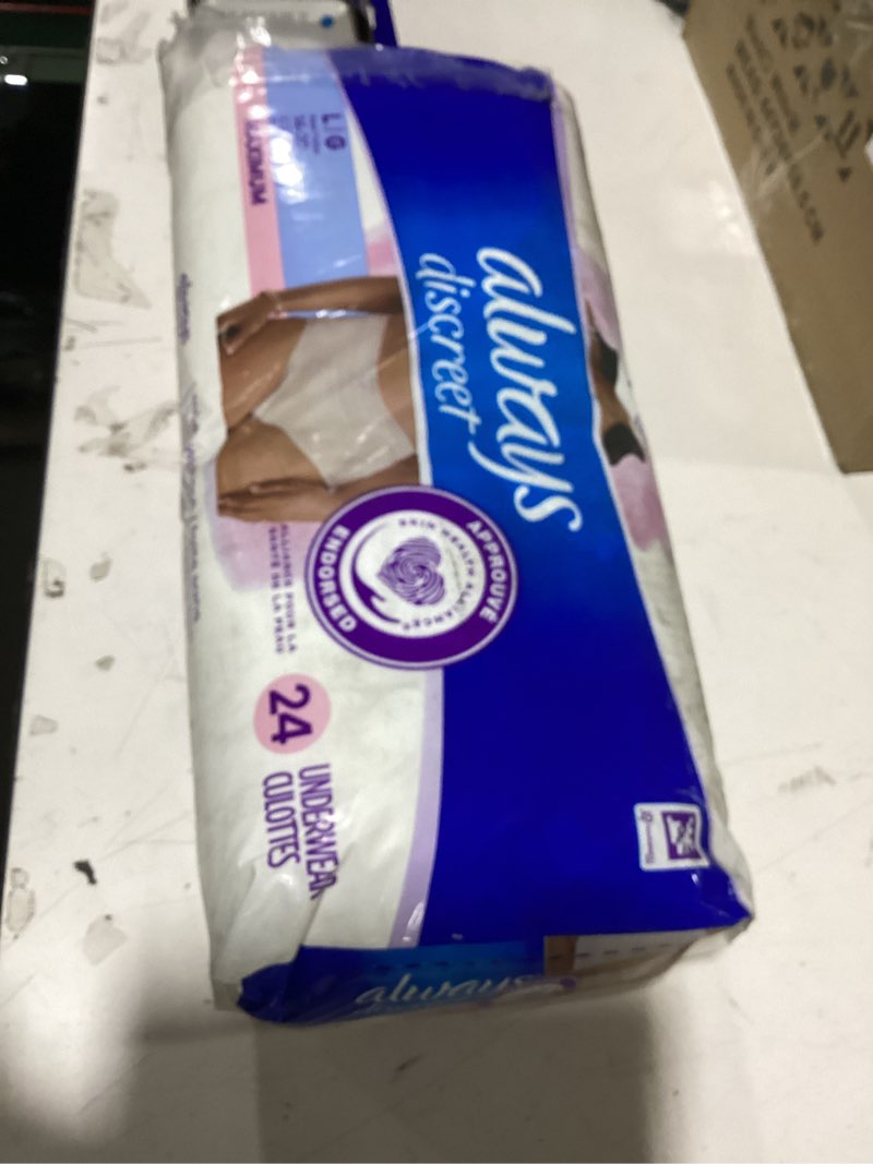 Condition photo showing New/Like New for always discreet for sensitive skin underwear, four times skin protection, dermatologically tested, fragrance-free, maximum absorbency, large, 24 count large 24.0