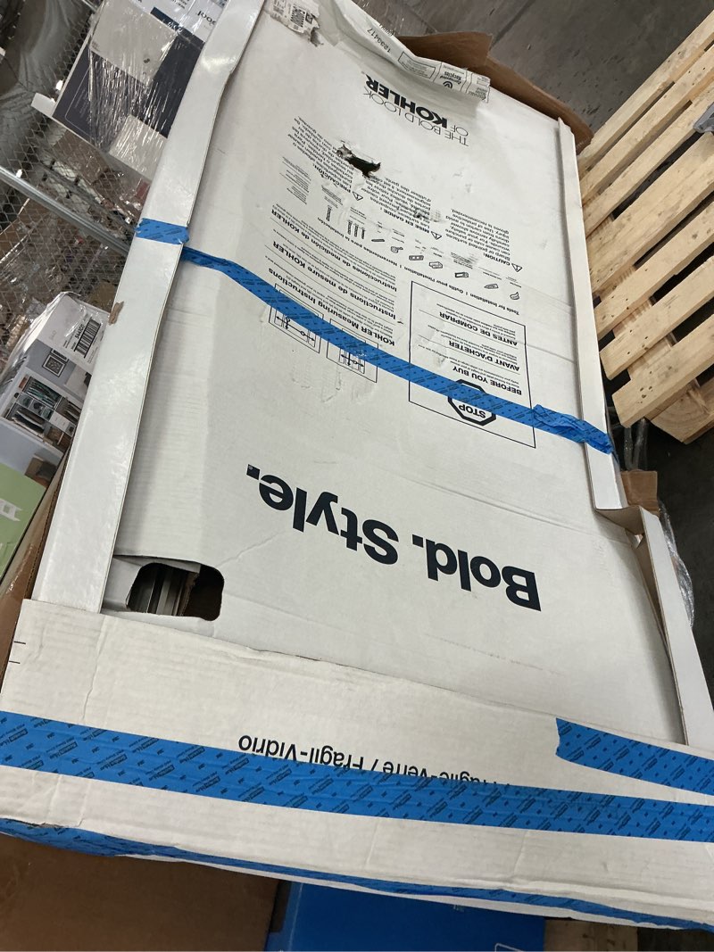 Condition photo showing As Is for kohler premise matte black 56-in to 60-in w x 61.75-in h frameless sliding soft close bathtub door